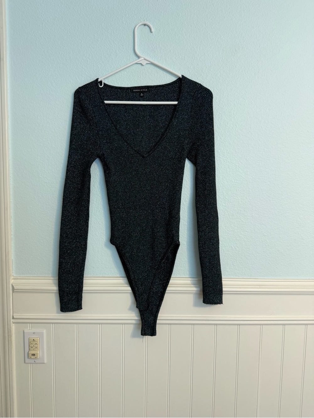 Kendall & Kylie Black Sparkle V-Neck Long Sleeve Bodysuit